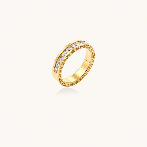 14K gold-plated band with channel-set zirconia and Greek key pattern engraving on polished finish