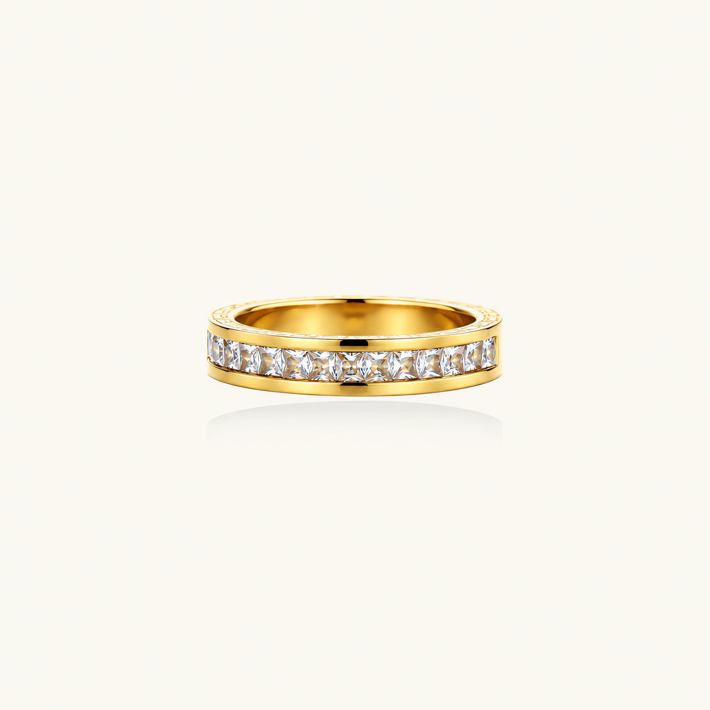 14K gold-plated band with channel-set zirconia and Greek key pattern engraving on polished finish