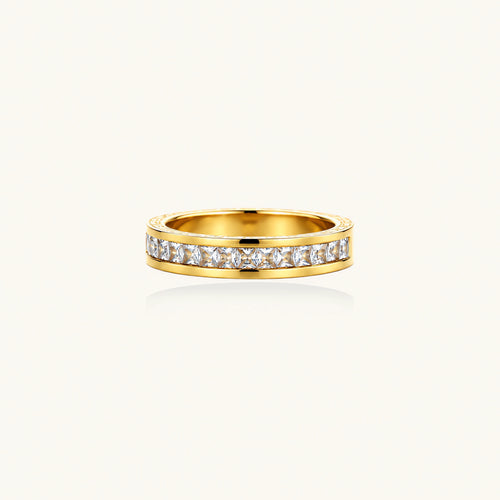 14K gold-plated band with channel-set zirconia and Greek key pattern engraving on polished finish