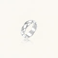 Braided stainless steel band ring with geometric interwoven strands in brushed silver finish on white background