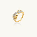Gold-plated ring with interweaving wave bands and two rows of clear rhinestones creating an infinity pattern