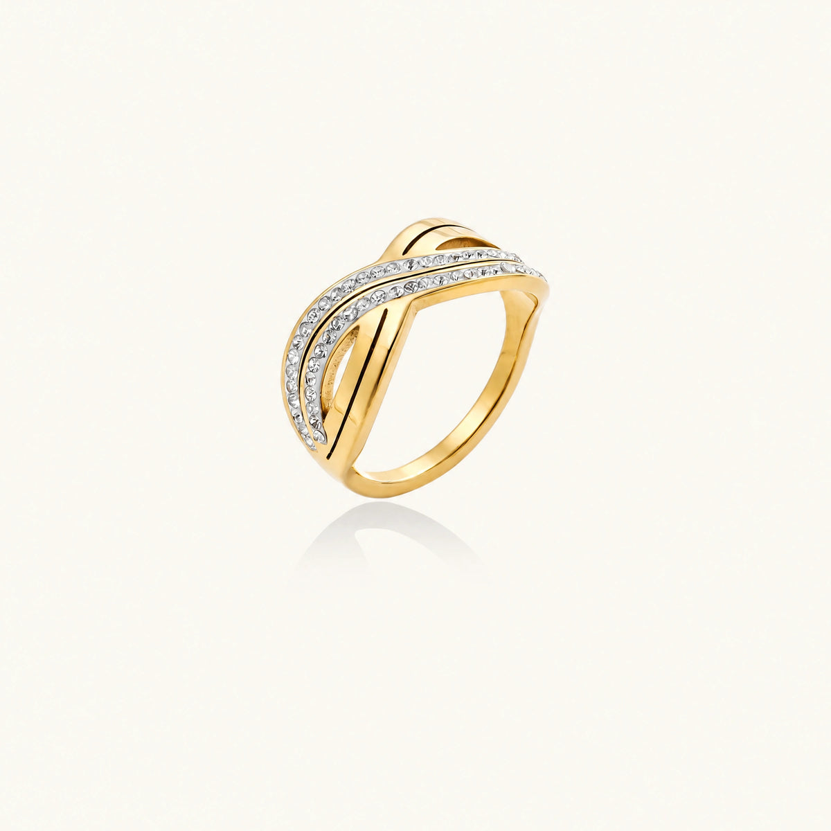 Gold-plated ring with interweaving wave bands and two rows of clear rhinestones creating an infinity pattern