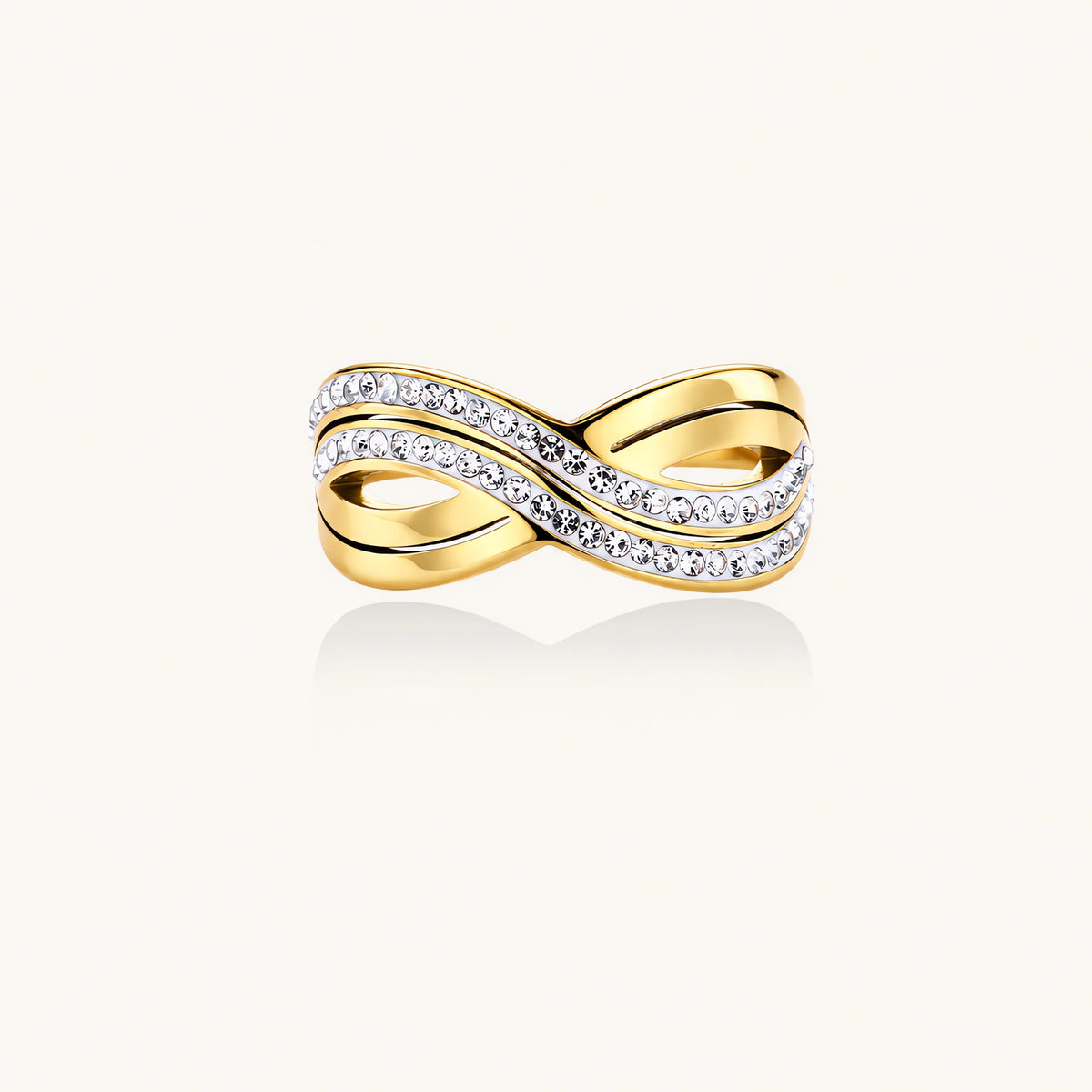 Gold-plated ring with interweaving wave bands and two rows of clear rhinestones creating an infinity pattern