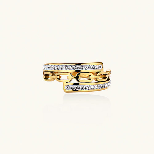 Gold-plated stainless steel ring with geometric chain link design flanked by two rows of clear rhinestones